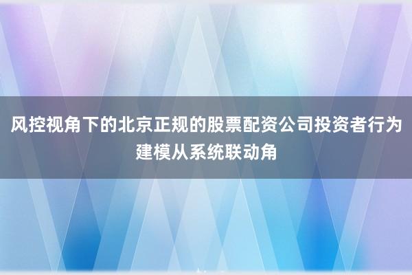 风控视角下的北京正规的股票配资公司投资者行为建模从系统联动角